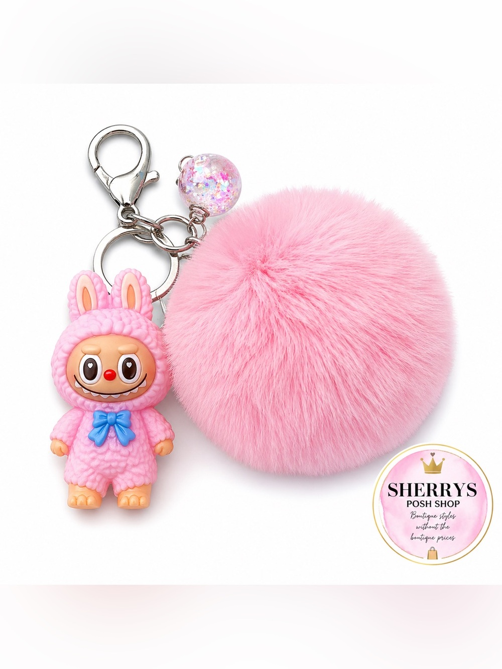 Cute Pink Fluffy Pom Keychain with Character Charm Ball Labubu